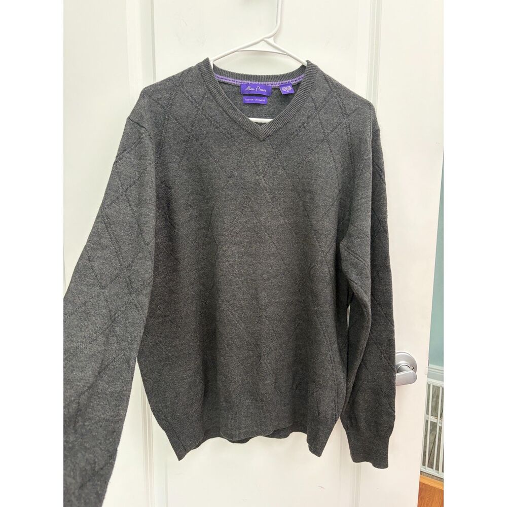 Alan Flusser Mens Med Cotton Cashmere Gray Argyle Diamond V-Neck Sweater Luxury